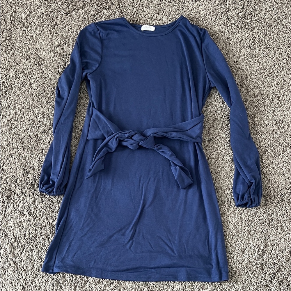 Blue Long Sleeve Dress with Waist Tie
